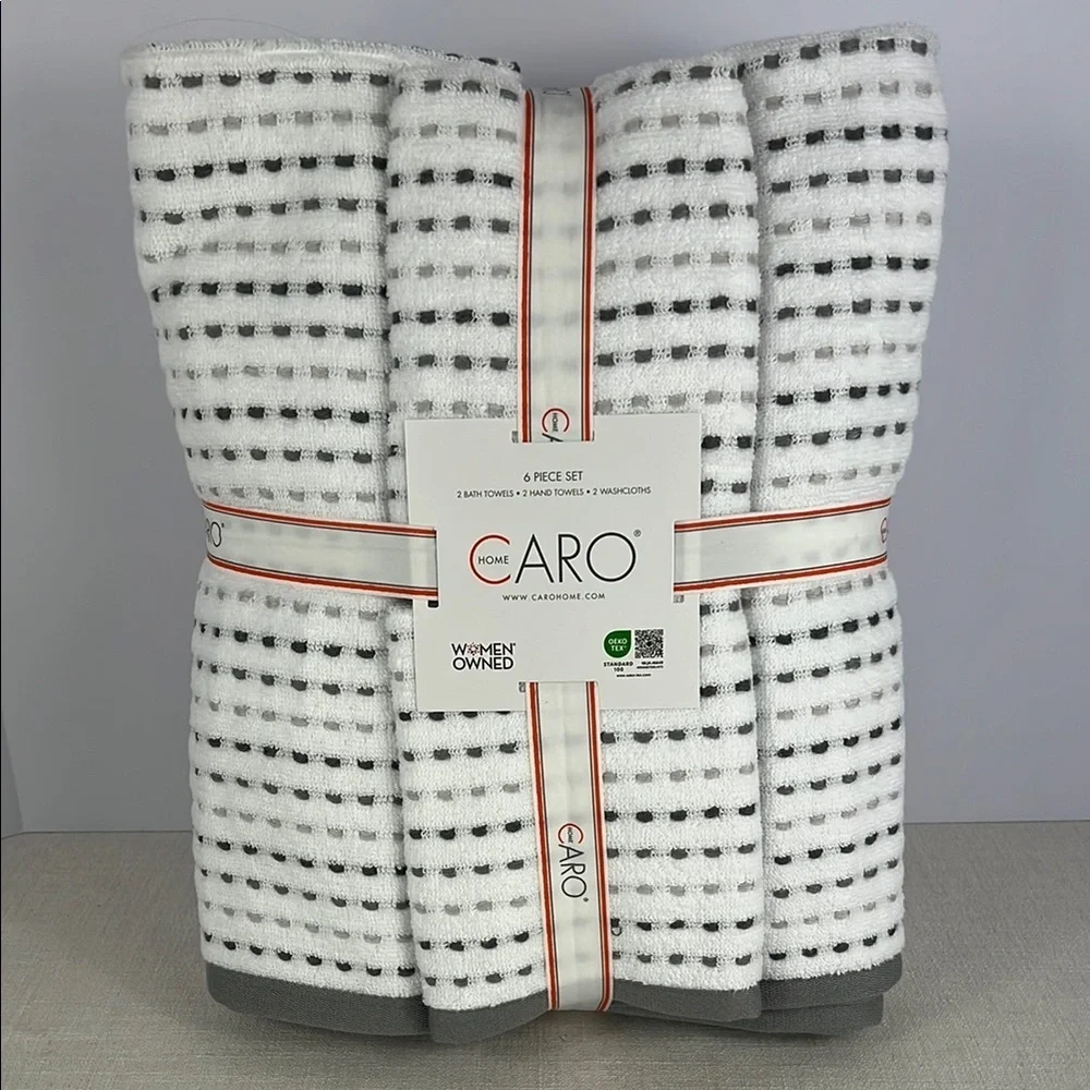 Caro Home Bath Towel Set Gray White 2 Bath 2 Hand 2 Wash 100% Cotton Soft 6 pc